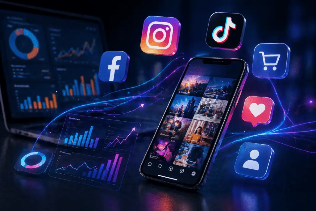 Celular con una cuadrícula de publicaciones, rodeado de íconos de Instagram, TikTok, Facebook, un carrito de compra y un corazón